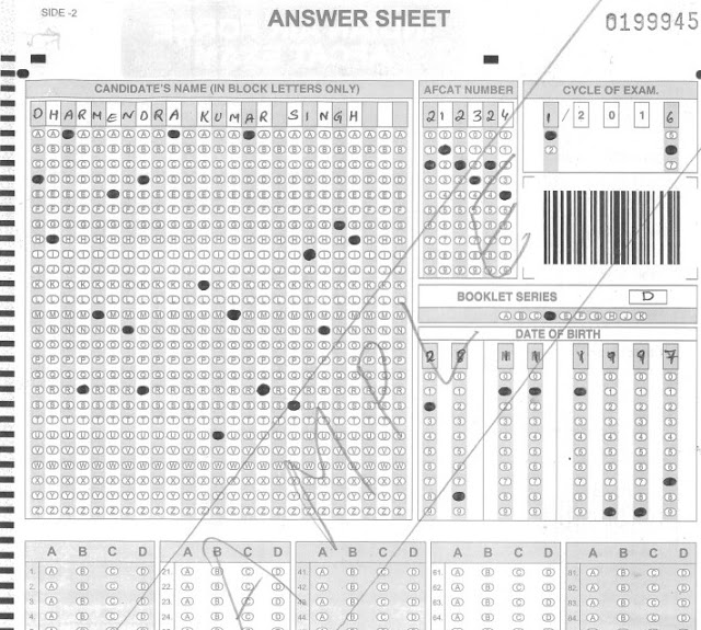 Sample filled AFCAT OMR answer sheet